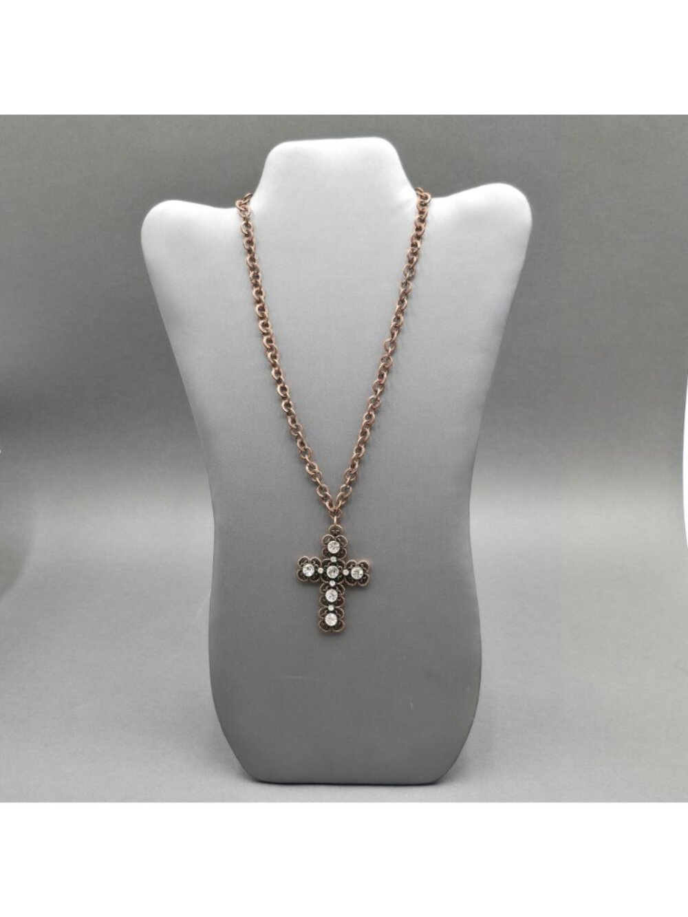 Etruscan Revival Copper Plated Stainless Steel Cross Pendant Necklace Rhinestone - Picture 2 of 9